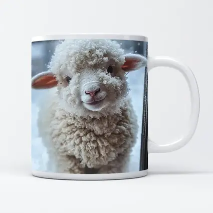Fluffy White Lamb Standing In Winter Snow