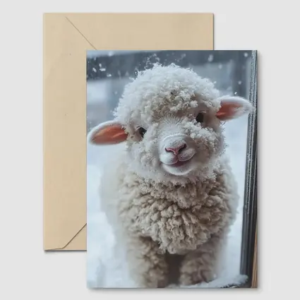 Fluffy White Lamb Standing In Winter Snow