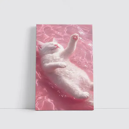 White Cat Floating Pink Water Digital Art
