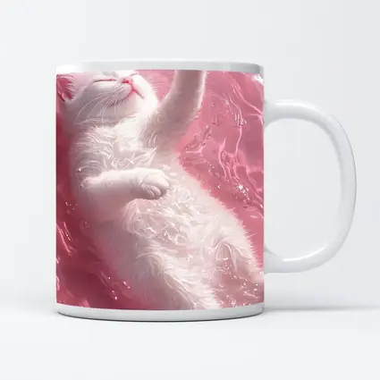 White Cat Floating Pink Water Digital Art