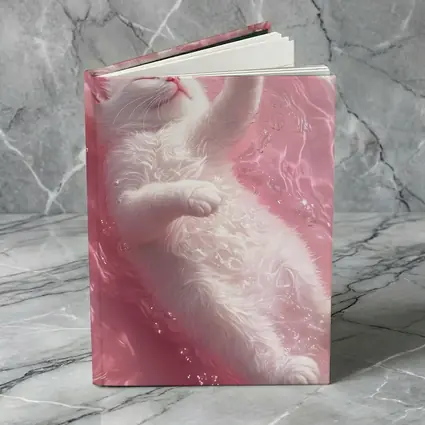 White Cat Floating Pink Water Digital Art