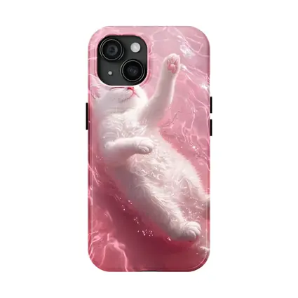 White Cat Floating Pink Water Digital Art