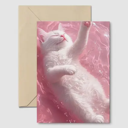 White Cat Floating Pink Water Digital Art