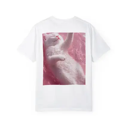 White Cat Floating Pink Water Digital Art