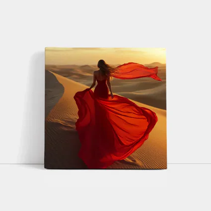 Woman Red Dress Walking Desert Sand Dunes
