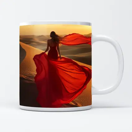 Woman Red Dress Walking Desert Sand Dunes