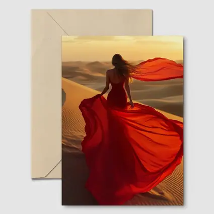 Woman Red Dress Walking Desert Sand Dunes