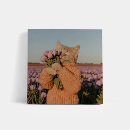 Cat in Sweater Holding Tulips Field