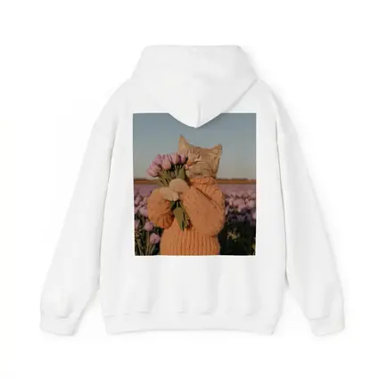 Cat in Sweater Holding Tulips Field