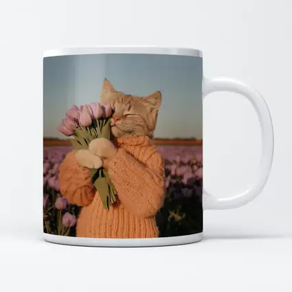 Cat in Sweater Holding Tulips Field