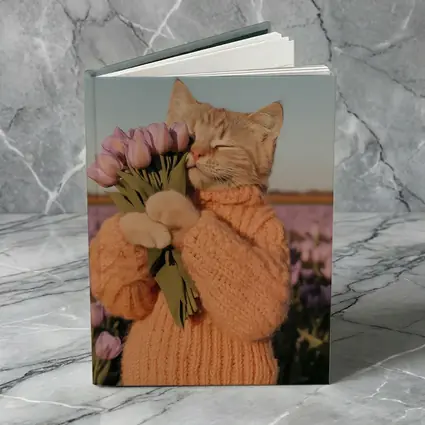 Cat in Sweater Holding Tulips Field