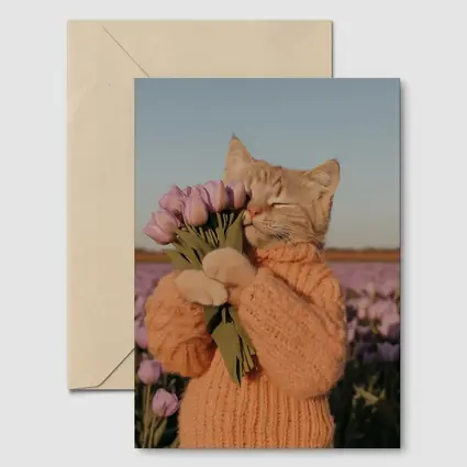 Cat in Sweater Holding Tulips Field
