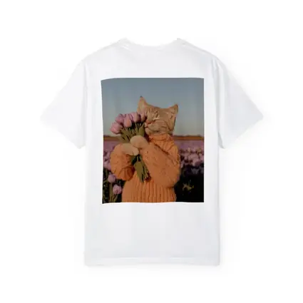 Cat in Sweater Holding Tulips Field