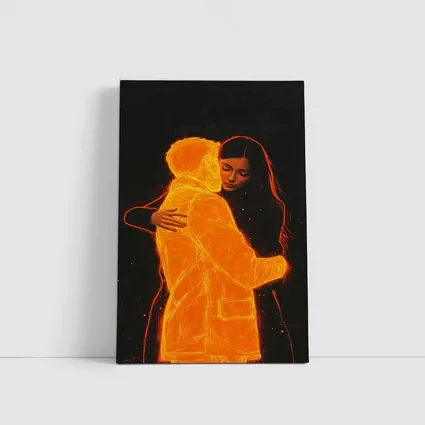 Glowing Couple Embracing Against Dark Background