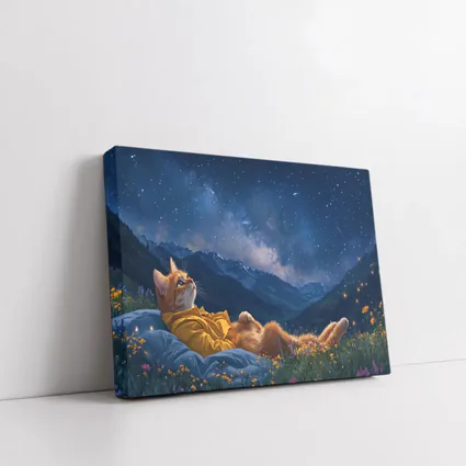 Orange Cat Relaxing Under Starry Night Sky