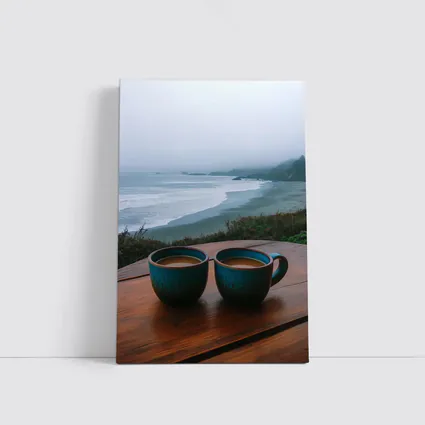 Two Coffee Mugs Foggy Coastal Beach View