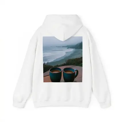 Two Coffee Mugs Foggy Coastal Beach View