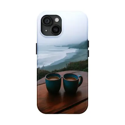Two Coffee Mugs Foggy Coastal Beach View