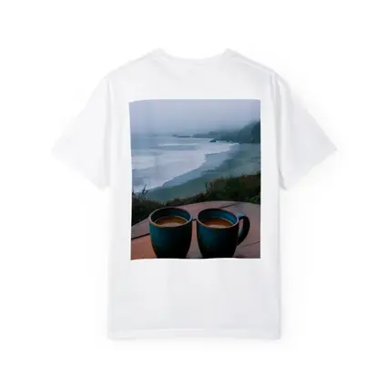 Two Coffee Mugs Foggy Coastal Beach View
