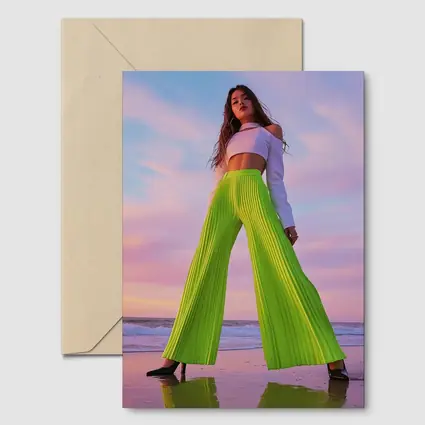 Neon Green Pleated Pants Woman Beach Sunset