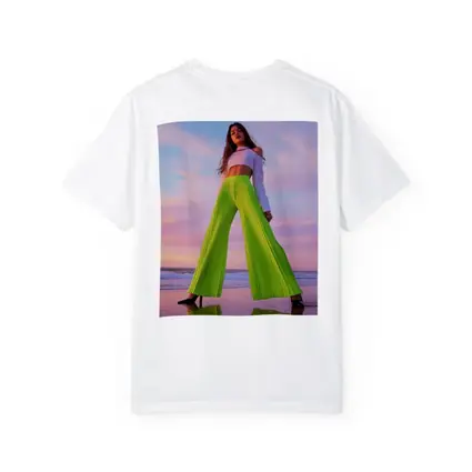 Neon Green Pleated Pants Woman Beach Sunset