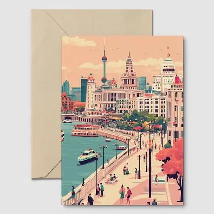Shanghai Bund Skyline Flat Illustration Art