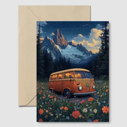 Volkswagen Bus Wildflower Meadow Mountain Night