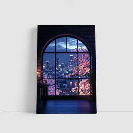 Cherry Blossoms City Night View Arched Window