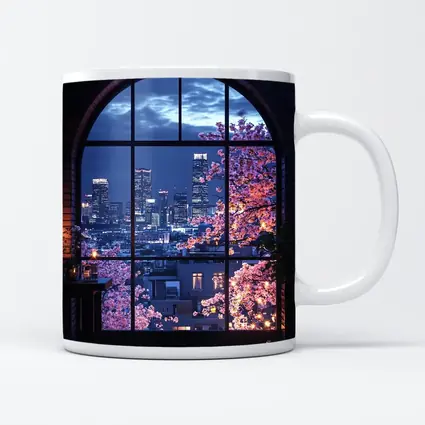 Cherry Blossoms City Night View Arched Window