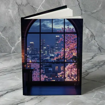 Cherry Blossoms City Night View Arched Window