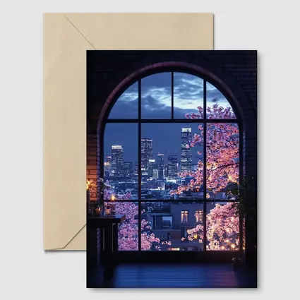 Cherry Blossoms City Night View Arched Window