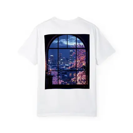 Cherry Blossoms City Night View Arched Window