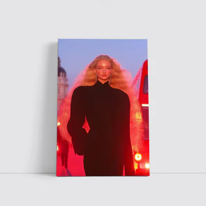 Blonde Model Black Outfit Red City Lights