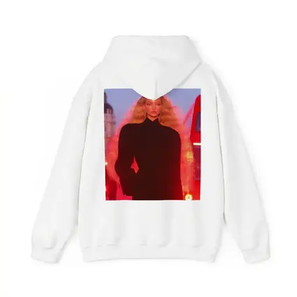 Blonde Model Black Outfit Red City Lights