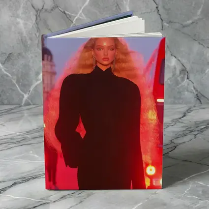 Blonde Model Black Outfit Red City Lights