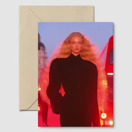Blonde Model Black Outfit Red City Lights