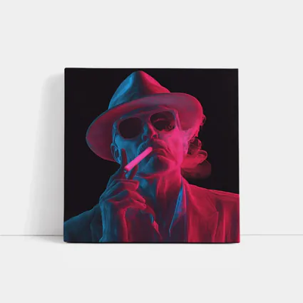 Neon Skull Cowboy Hat Smoking Dark Background