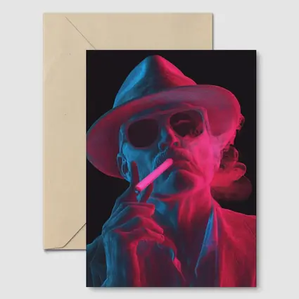 Neon Skull Cowboy Hat Smoking Dark Background