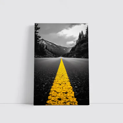 Yellow Road Line Mountain Forest Black White