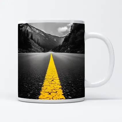 Yellow Road Line Mountain Forest Black White