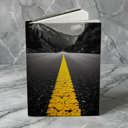 Yellow Road Line Mountain Forest Black White