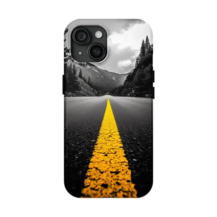 Yellow Road Line Mountain Forest Black White