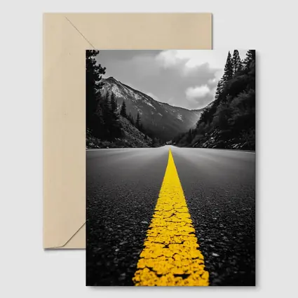 Yellow Road Line Mountain Forest Black White