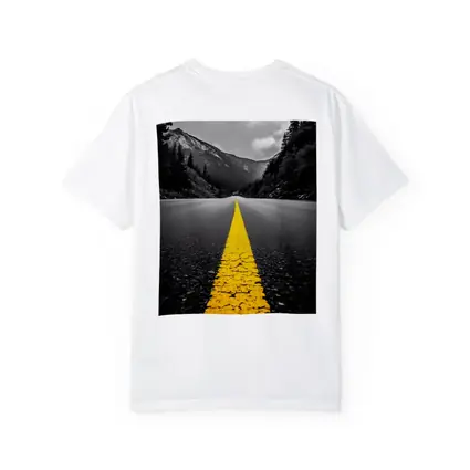 Yellow Road Line Mountain Forest Black White