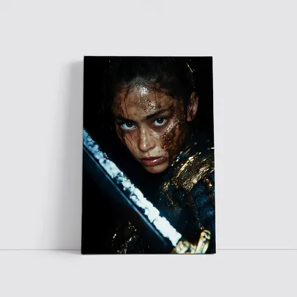 Fierce Warrior Woman Gold Armor Dark Background