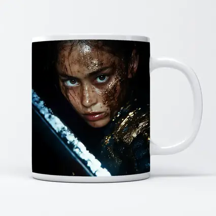 Fierce Warrior Woman Gold Armor Dark Background