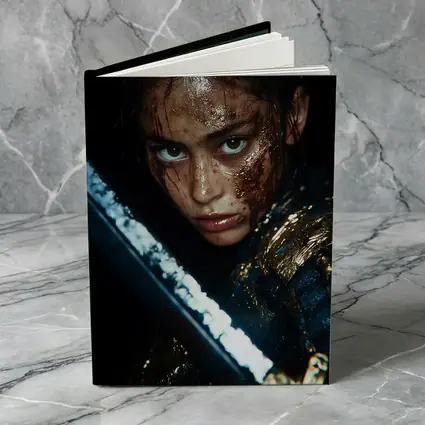 Fierce Warrior Woman Gold Armor Dark Background