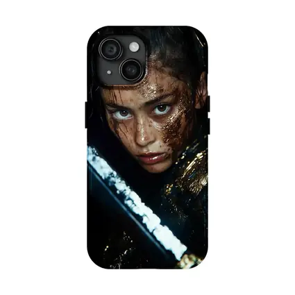 Fierce Warrior Woman Gold Armor Dark Background