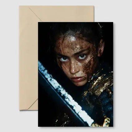 Fierce Warrior Woman Gold Armor Dark Background