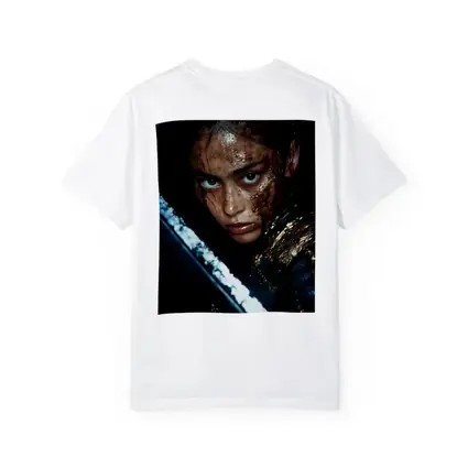 Fierce Warrior Woman Gold Armor Dark Background